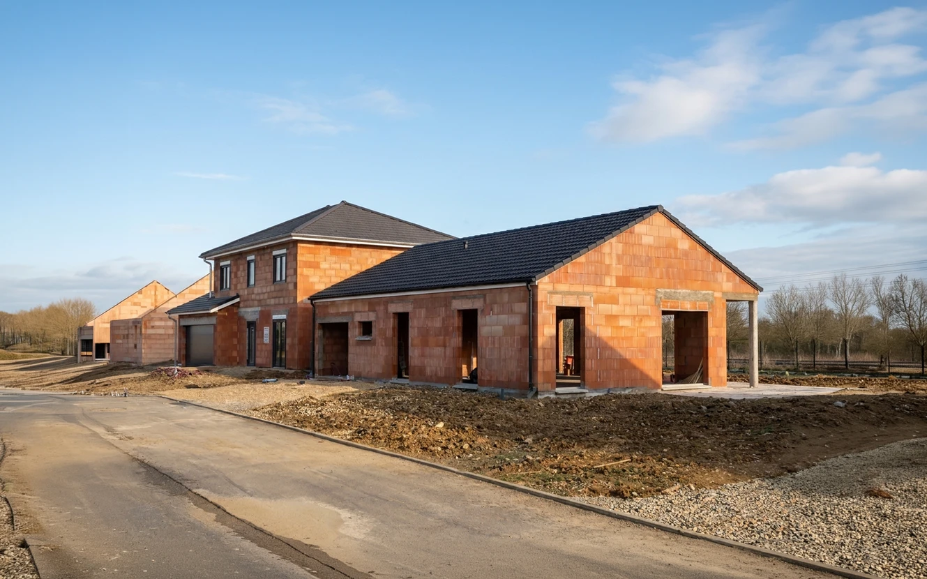 Chantier de construction résidentielle, vue extérieure, journée ensoleillée
